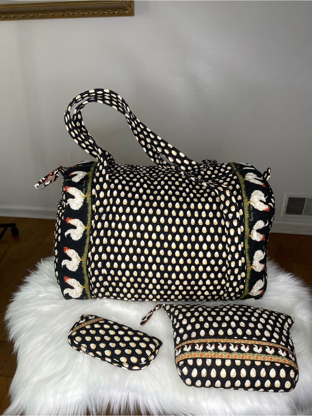 Vera Bradley Black & Cream Quilted Polka Travel Duffel with Embroidered Accent